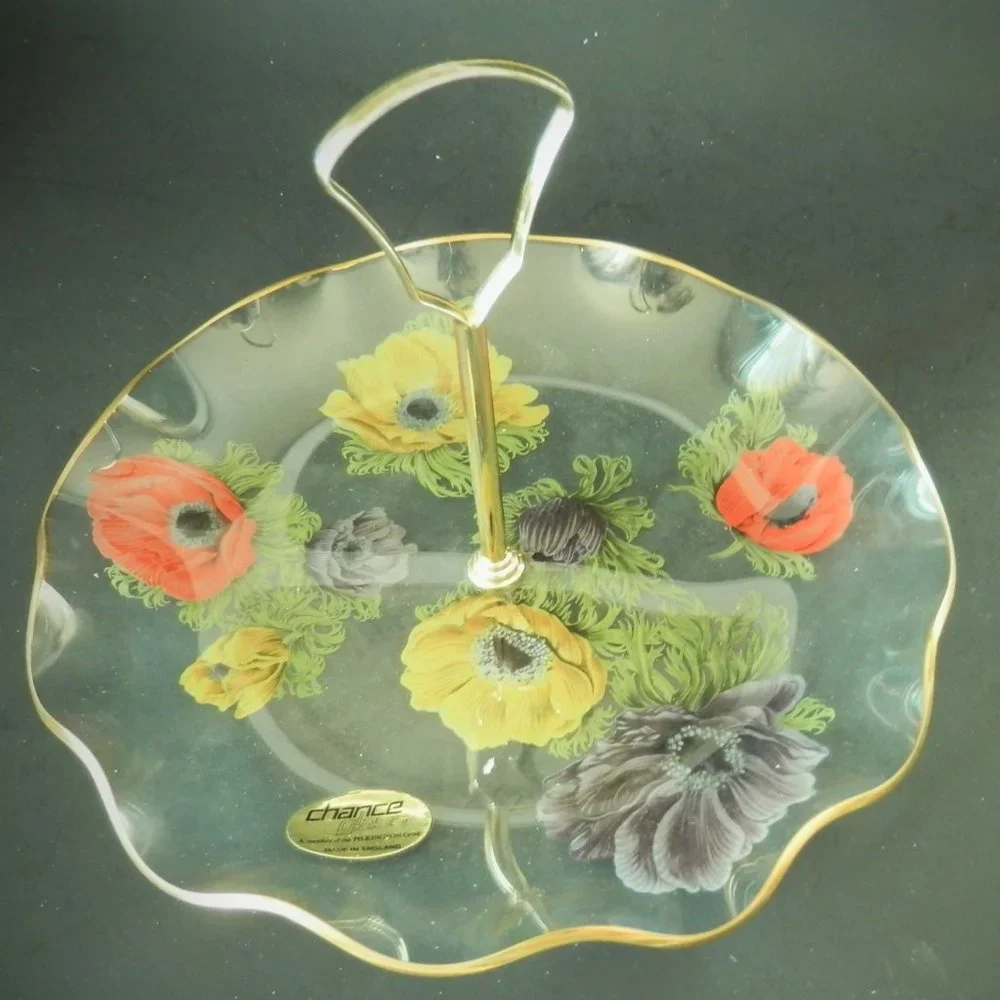 Chance Glass Dessert Plate Dish - 1960s - Anemone Made in England Poppies - Picture 4 of 8